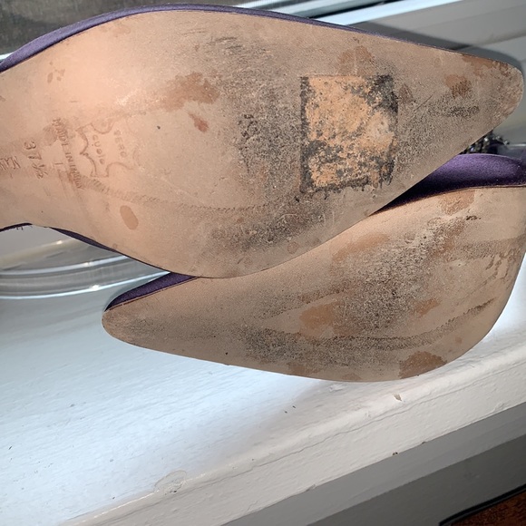 Manolo Blahnik Purple Satin Pointy Toe Heels with Rhinestone Ankle Strap, 37.5 - Picture 10 of 13